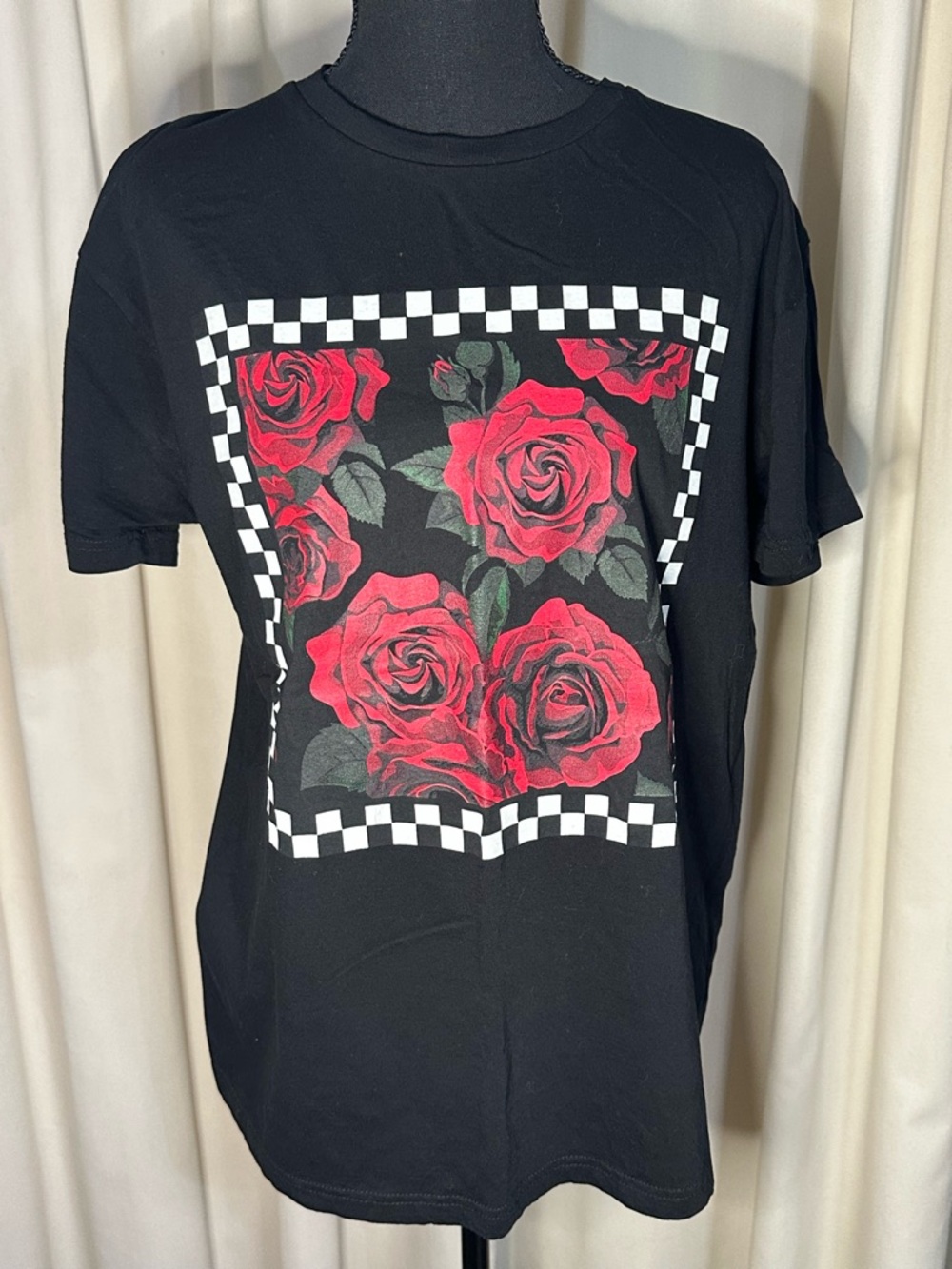 Black Short Sleeve Tee with Red Rose Graphic and Checkered Frame